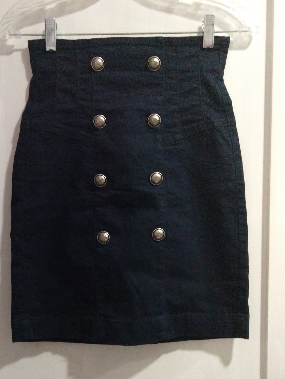 Double-Button High-Waist Navy Pencil Skirt